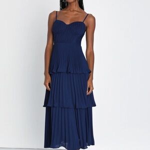 Lulus Cascading Crush Navy Blue Tiered Bustier Midi Dress